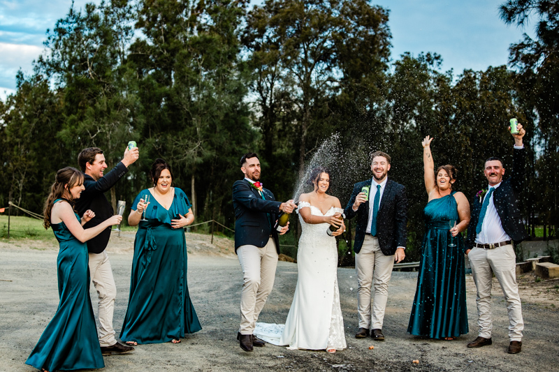 Hunter Valley bridal party with champagne spray